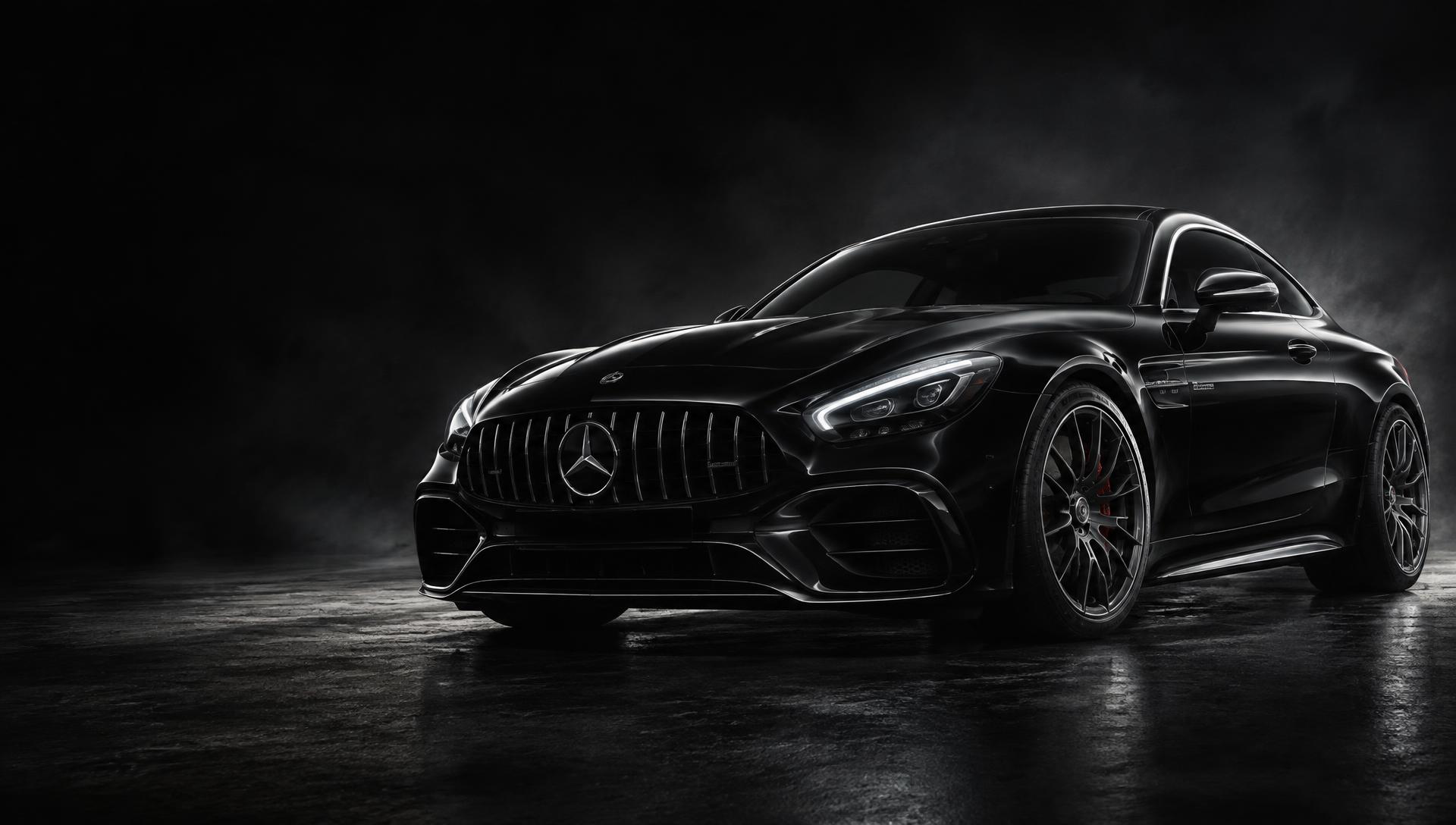 Black luxury sports coupe under dramatic studio lighting