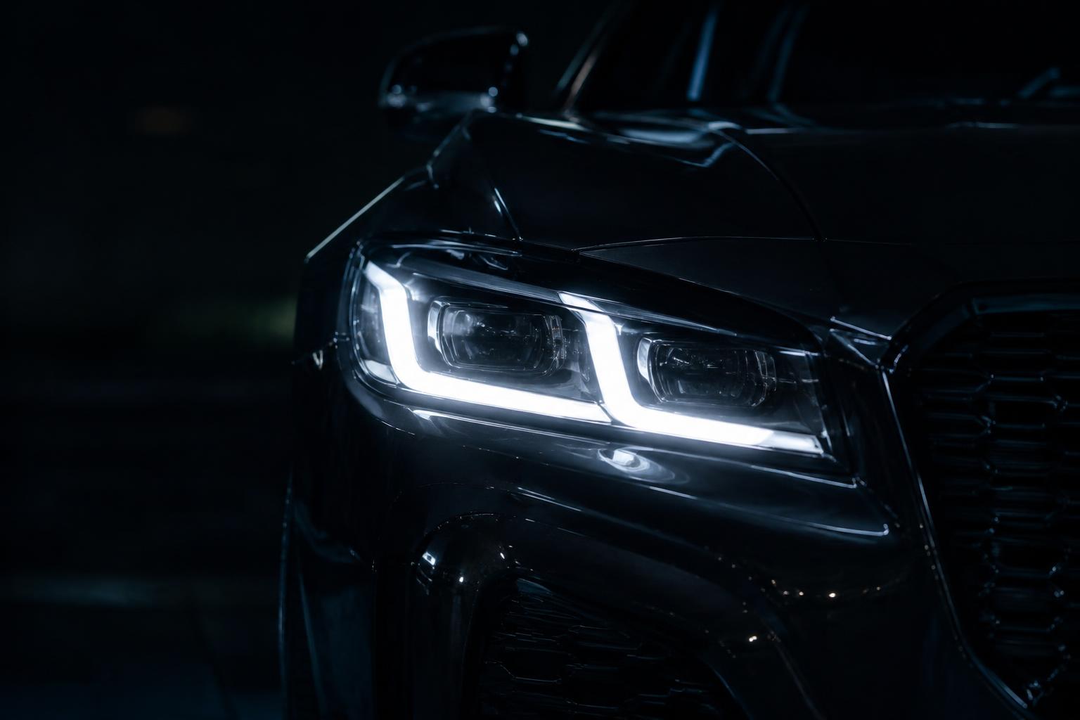 LED headlight glowing on a black performance car at night
